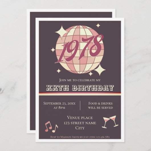 ヴィンテージ1978 46th誕生日レトロパープル招待状 招待状 (正面/裏面)