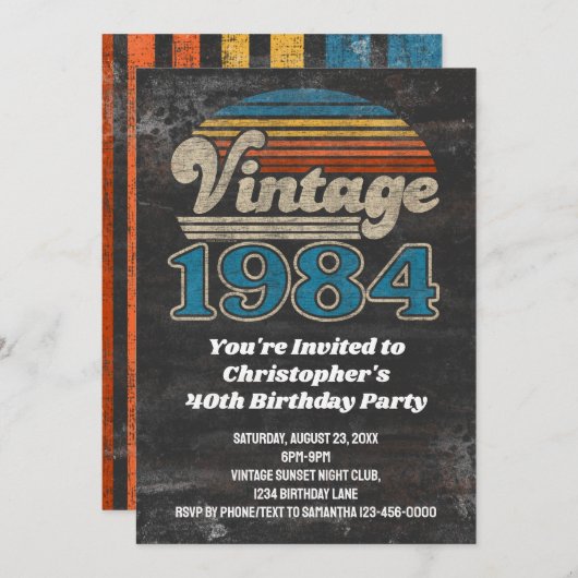 ヴィンテージ1984誕生年40th誕生日サンセットレトロ 招待状 (正面/裏面)