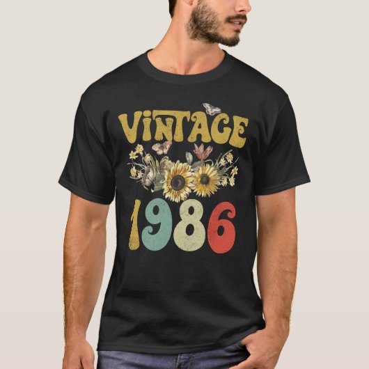 ヴィンテージ1986ひまわり蝶レトロGroovy 37th Tシャツ (正面)