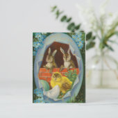 ヴィンテージ2つのイースターバニーと雛の孵化 ポストカード (スタンド正面)