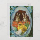 ヴィンテージ2つのイースターバニーと雛の孵化 ポストカード (正面/裏面)