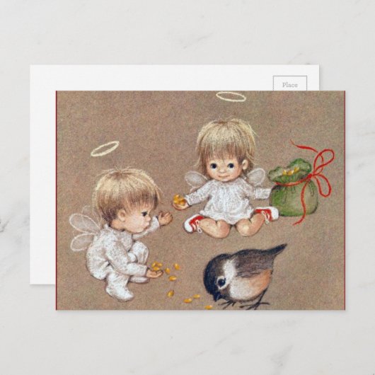 ヴィンテージ2つのクリスマス食べ物を与え天使の鳥 シーズンポストカード (正面/裏面)