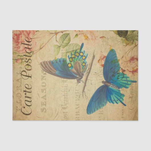 ヴィンテージ2つの青い蝶フローラ花フランスの 薄葉紙 (正面)