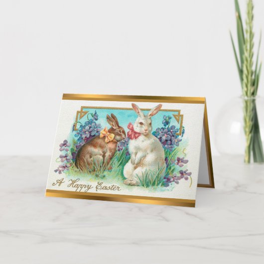 ヴィンテージ2ウサギ復活祭エッグホリディフォールディングカード シーズンカード (正面)