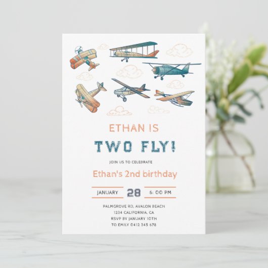 ヴィンテージ2フライ飛行機誕生日- 2回目の誕生日 招待状 (スタンド正面)