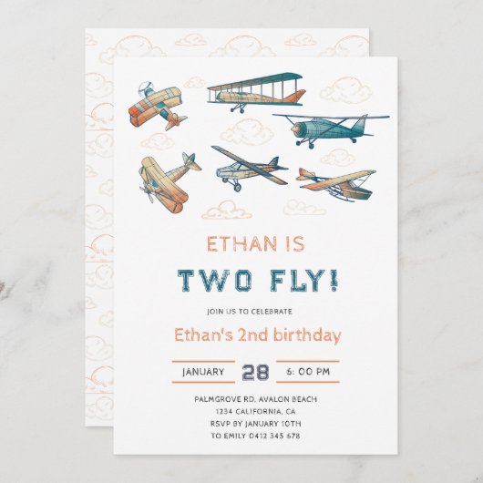 ヴィンテージ2フライ飛行機誕生日- 2回目の誕生日 招待状 (正面/裏面)