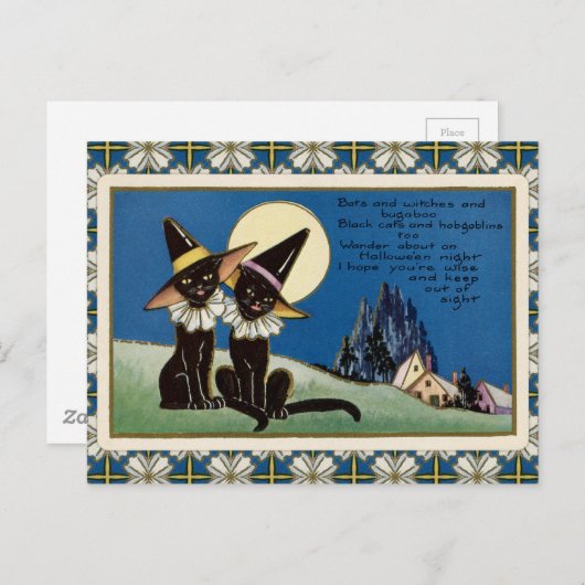ヴィンテージ2匹の黒猫ハロウィン ポストカード (正面/裏面)