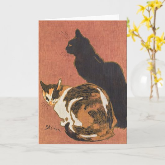 ヴィンテージ2匹絵画の猫のステインレン カード (黄色い花)