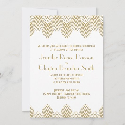 ヴィンテージ20のアールデコホタテ白金ゴールド結婚 招待状 (正面)