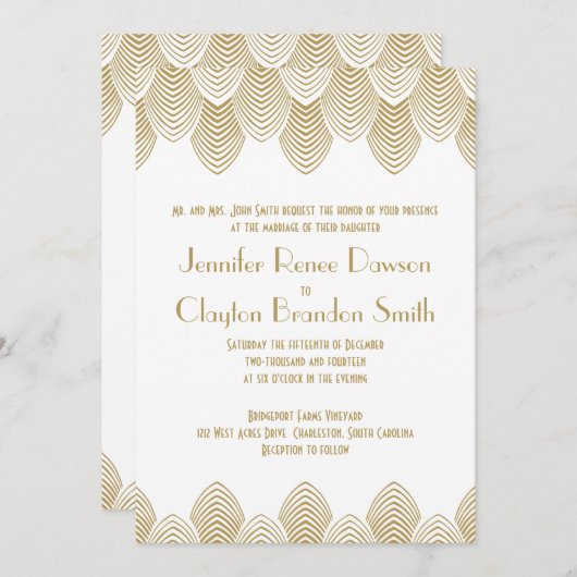 ヴィンテージ20のアールデコホタテ白金ゴールド結婚 招待状 (正面/裏面)