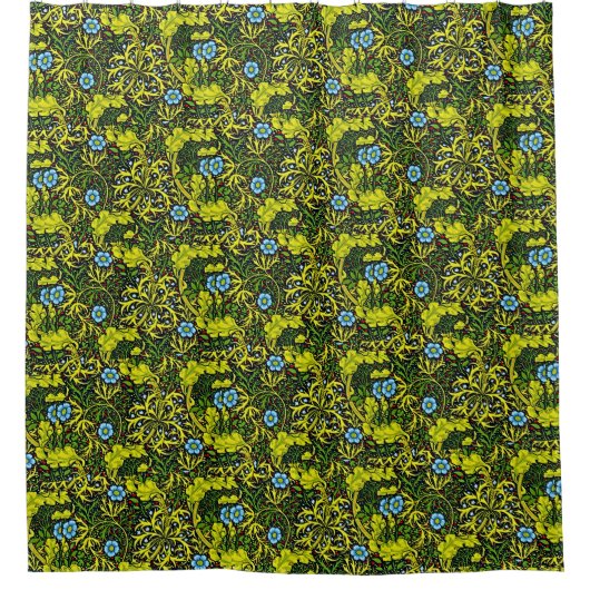 ヴィンテージ20世紀初頭パターンブルーグリーン金ゴールド シャワーカーテン (正面)