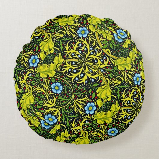 ヴィンテージ20世紀初頭パターンブルーグリーン金ゴールド ラウンドクッション (正面)