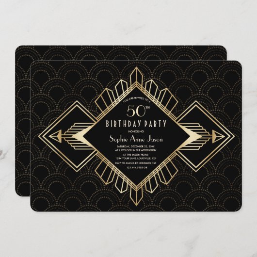 ヴィンテージ20年代金ゴールドブラック素晴らしギャツビー誕生日パーティー 招待状 (正面/裏面)