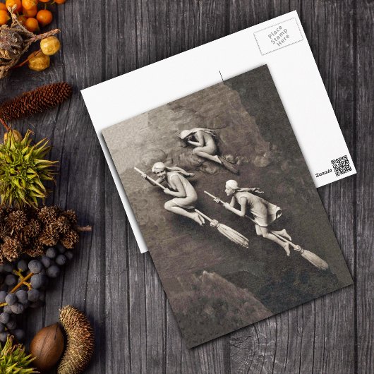 ヴィンテージ3ハロウィンウィッチズ飛んでいるブルーム ポストカード