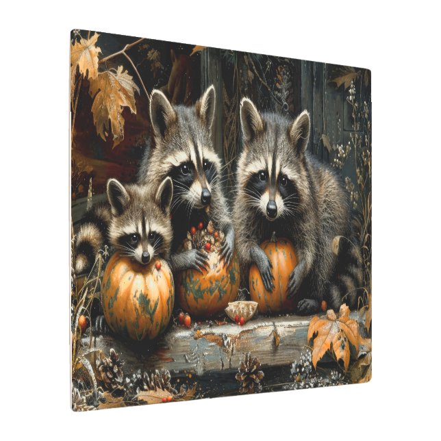 ヴィンテージ3個のアライグマとカボチャ秋30x20 メタルプリント (アングル)
