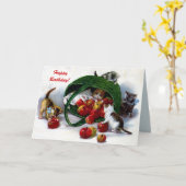 ヴィンテージ3匹のかわいい子ネコ、カスタムなりんごのバスケット カード (黄色い花)