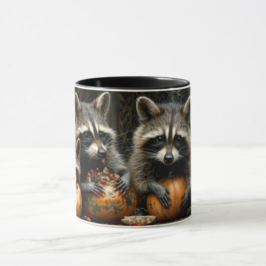 ヴィンテージ3羽のアライグマとカボチャの秋 マグカップ (中央)