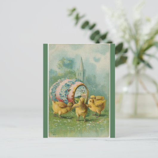 ヴィンテージ4ひよこ卵と教会イースター ポストカード (スタンド正面)