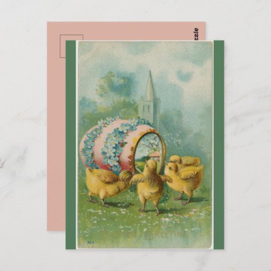 ヴィンテージ4ひよこ卵と教会イースター ポストカード (正面/裏面)