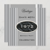 ヴィンテージ40th誕生日パーティーシルバーメタルブラック 招待状 (正面/裏面)