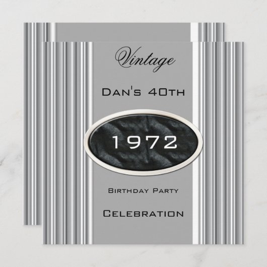 ヴィンテージ40th誕生日パーティーシルバーメタルブラック 招待状 (正面/裏面)