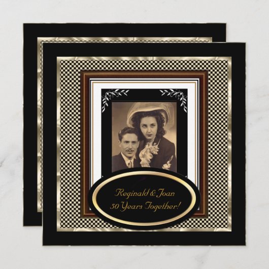 ヴィンテージ50周年結婚記念日 ブラックセピア ゴールド 招待状 (正面/裏面)