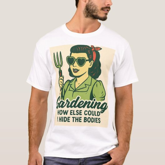 ヴィンテージ50年代の女性と庭のフォーク ダークユーモア Tシャツ (正面)
