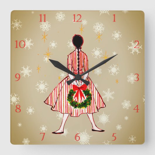 ヴィンテージ50年代クリスマスガール時計 スクエア壁時計 (正面)