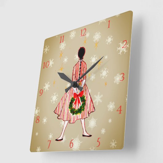 ヴィンテージ50年代クリスマスガール時計 スクエア壁時計 (傾斜)