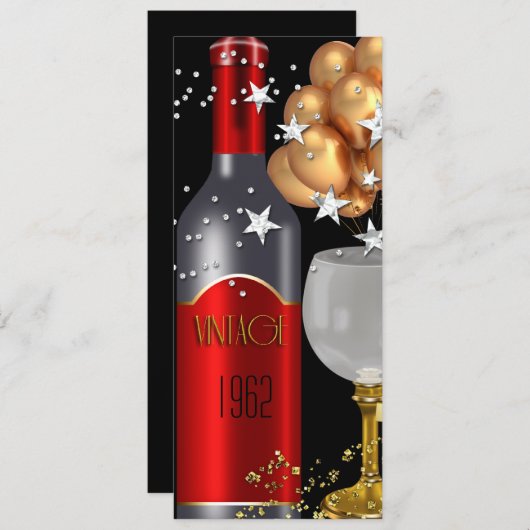 ヴィンテージ50誕生日レッドワインブラック金ゴールドシルバー 招待状 (正面/裏面)