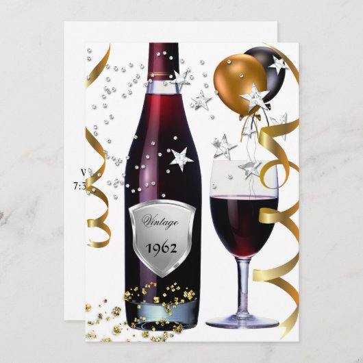 ヴィンテージ50誕生日ワインブラック金ゴールドバルーン2 招待状 (正面/裏面)