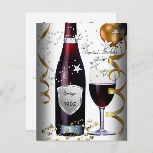 ヴィンテージ50誕生日ワインブラック金ゴールドバルーン 招待状 (正面/裏面)