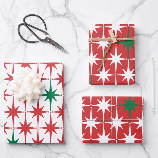 ヴィンテージ50sレトロクリスマススターパターンレッド ラッピングペーパーシート (正面)