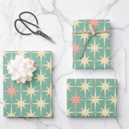 ヴィンテージ50sレトロスターズパターンティール（緑がかった色）ミント&ピンク ラッピングペーパーシート
