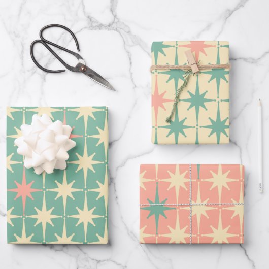 ヴィンテージ50sレトロスターズパターンピンクミントクリーム ラッピングペーパーシート (正面)