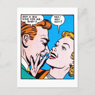 ヴィンテージ50sロマンチックな漫画パネ得ルアビッグキス ポストカード