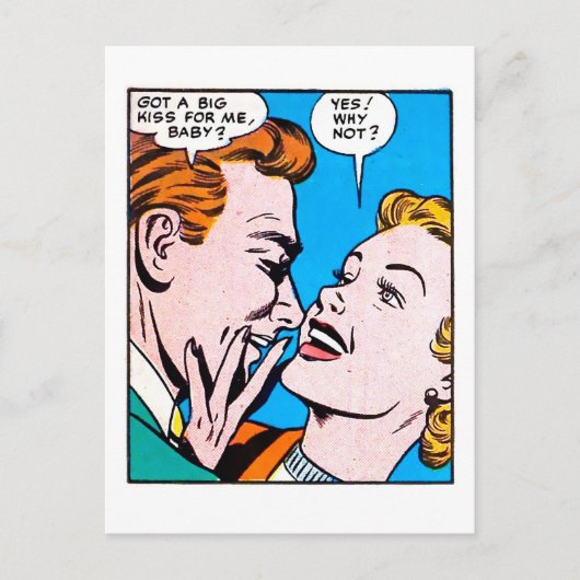 ヴィンテージ50sロマンチックな漫画パネ得ルアビッグキス ポストカード (正面)