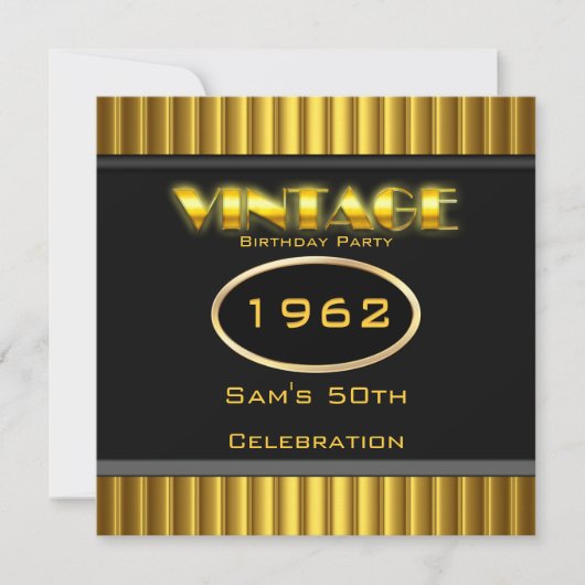ヴィンテージ50thイエロー金ゴールドブラック誕生日パーティー 招待状 (正面)