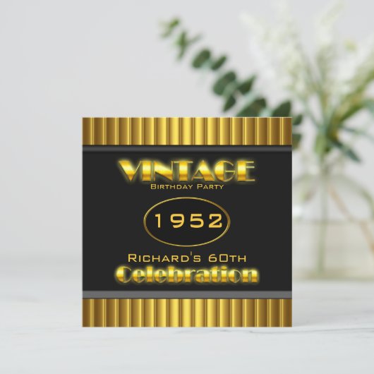 ヴィンテージ60thイエロー金ゴールドブラック60誕生日パーティー 招待状 (スタンド正面)
