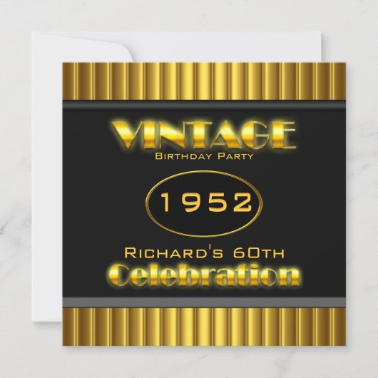 ヴィンテージ60thイエロー金ゴールドブラック60誕生日パーティー 招待状 (正面)