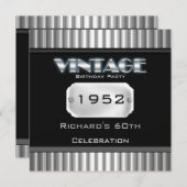 ヴィンテージ60thシルバークロムブラック誕生日パーティー 招待状 (正面/裏面)
