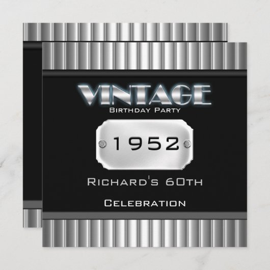 ヴィンテージ60thシルバークロムブラック誕生日パーティー 招待状 (正面/裏面)