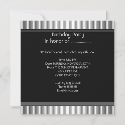 ヴィンテージ60thシルバークロムブラック誕生日パーティー 招待状 (裏面)