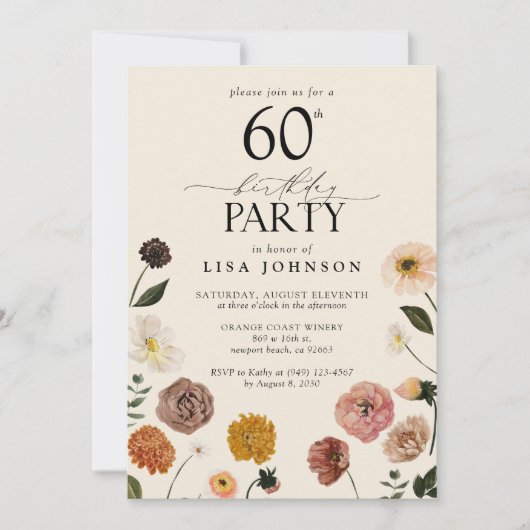 ヴィンテージ60thバースデーパーティーテラコッタフラワーズ 招待状 (正面)