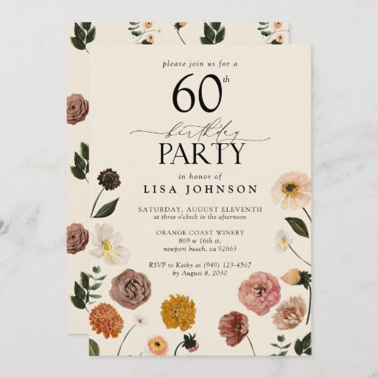 ヴィンテージ60thバースデーパーティーテラコッタフラワーズ 招待状 (正面/裏面)