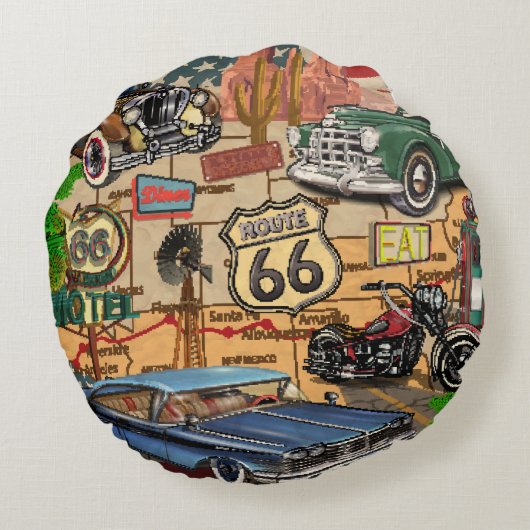 ヴィンテージ66号線懐かしいポスター。 ラウンドクッション (裏面)