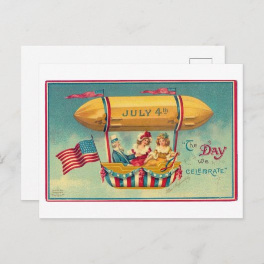 ヴィンテージ7月4日の独立記念日の飛行船カード ポストカード (正面/裏面)