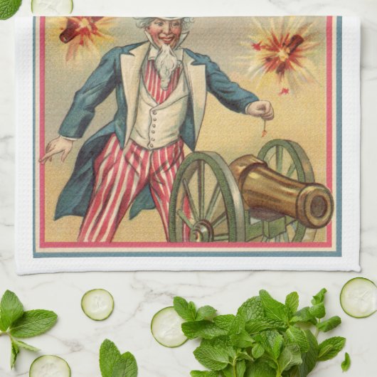 ヴィンテージ7月4日サムおじさんと花火 キッチンタオル (折り畳み)
