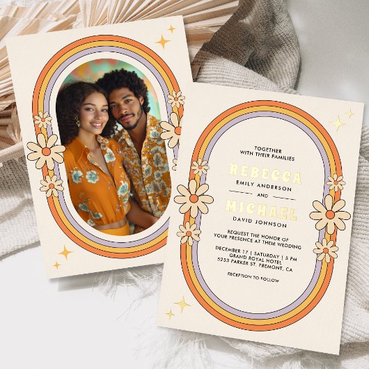 ヴィンテージ70sレトロカラフルGroovy結婚の金ゴールド 箔招待状