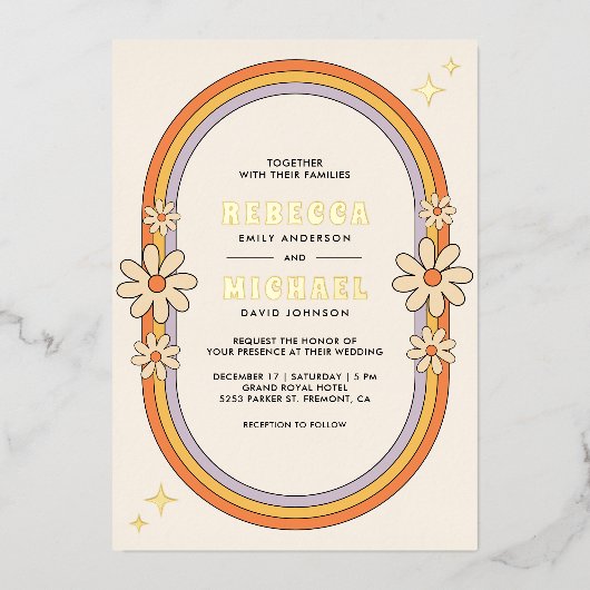 ヴィンテージ70sレトロカラフルGroovy結婚の金ゴールド 箔招待状 (正面)